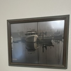 Framed Black & White Harbor Boats Nautical Landscape Photograph Print