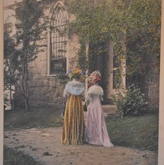 Vintage Colorized Photograph Print of Two Women Walking in a Garden