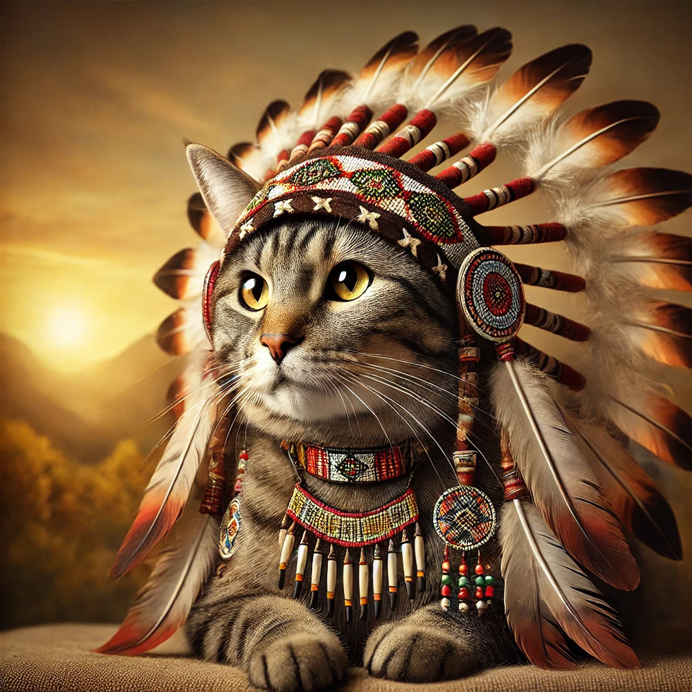 American Indian Cat Digital Art – High-Res Portrait, Native-Inspired Unique Art