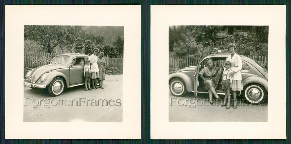 2x Photo Beautiful Woman on VW Beetle Sunroof Beetle Vintage Family Winkler 1963