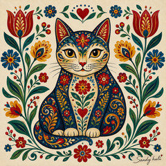 Colorful Folk Art Cat | Scandinavian Floral Kitty Printable Wall Art |