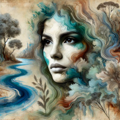 Abstract Portrait Digital image Art -Woman Nature-Inspired High-Resolution Print