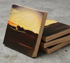Runway Departure 5×5 Signed Art Tile – Sunset Airplane Photography on Wood