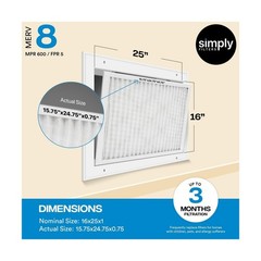 16x25x1 Inch MERV 8 Air Filter, 6 Pack, for AC Furnace and HVAC