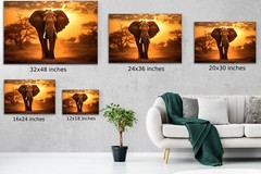 Elephant Canvas Wall Art, Sunset Nature Photo Pictures Large African Elephant