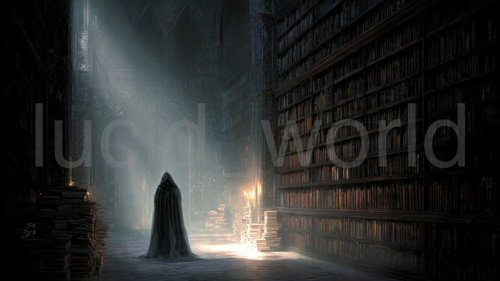 Ancient Gothic Library Digital Download Mysterious Hooded Figure Fantasy Art 4K