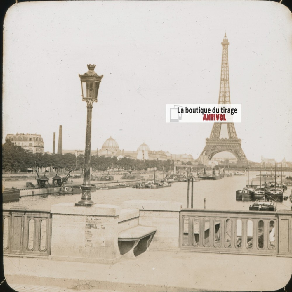 Eiffel Tower Paris Seine Glass Plate Photograph Sepia Positive 8,5×10 cm