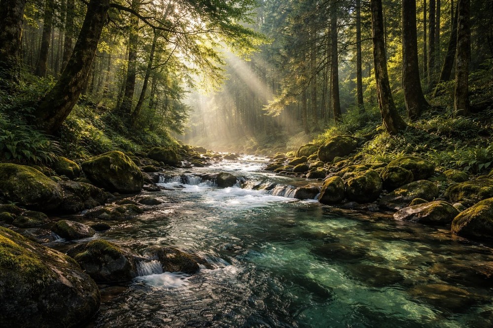 4K Aesthetic Peaceful Forest River Sunrays Nature Digital Desktop Wallpaper