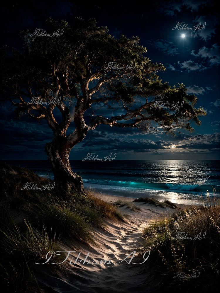 Digital Art Landscape Sea Surf SandyBeach Tree Grass NightMoon Wallpaper Desktop