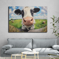 Funny Cow Wall Art, Playful Farmhouse Canvas, Animal Painting, Rustic Kitchen
