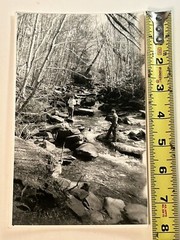 Black and White Photograph Man Woman Hiker Crossing Brook