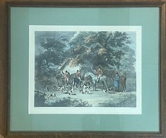 ANTIQUE EARLY 20c ENGLISH FOX HUNT PRESS MATTE LITHOGRAPHY PRINT BURL VENEER