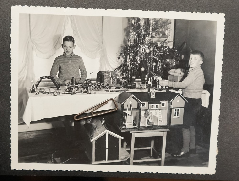 Photo Portrait Boy Christmas Toy Steam Locomotive Dollhouse Model Railway
