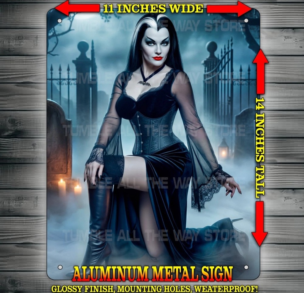 Sexy Lily Munster from The Munsters in Graveyard Metal Sign Wall Art 11″ x 14″