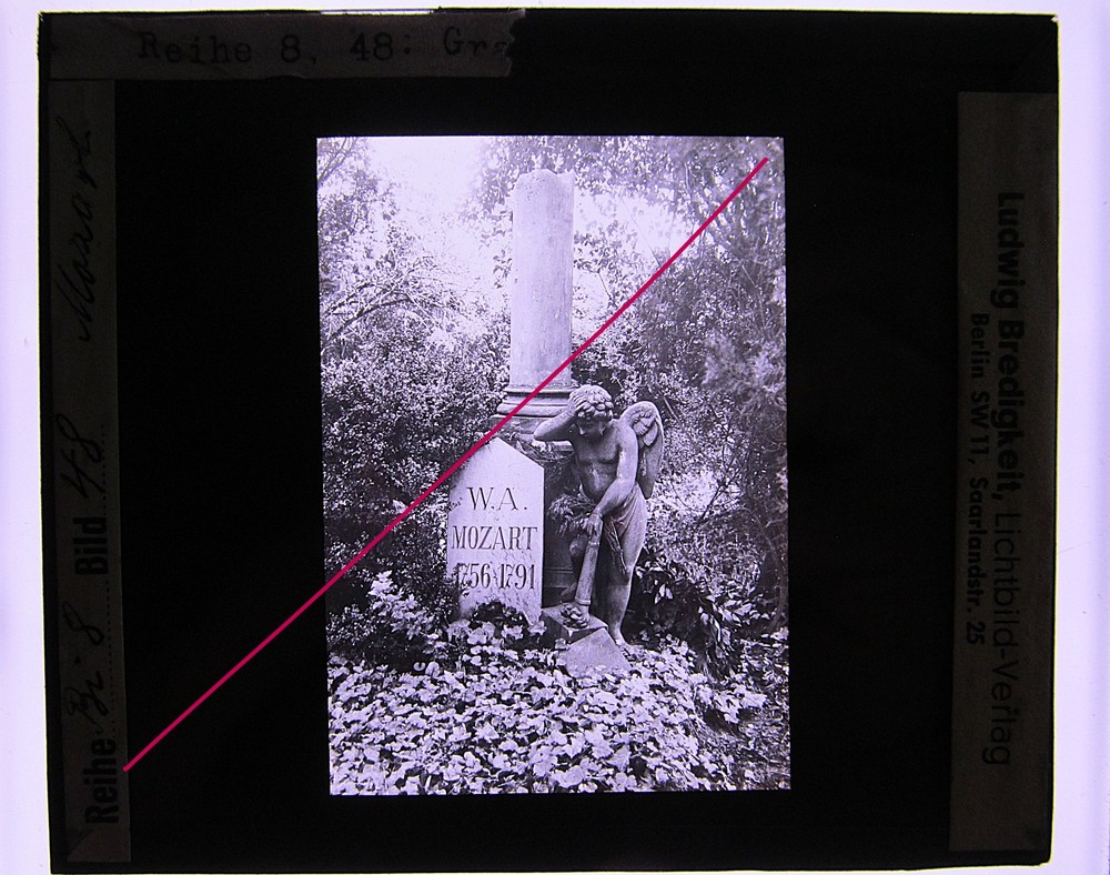 Mozart Wolfgang Amadeus grave old glass picture 8.5 x 10 cm
