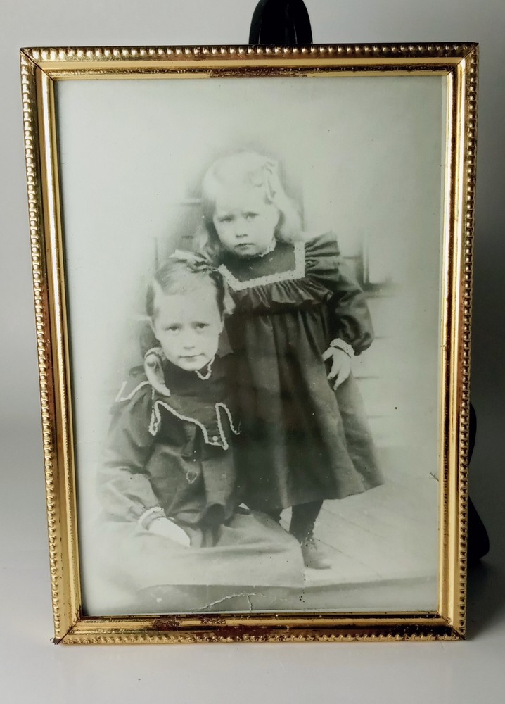 VTG Black & White Framed Photo of Two Young Girls on Wooden Steps