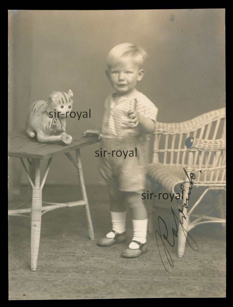 Little Boy Next to Toy Cat Soft Toy – 1920s – Photo 9x12cm