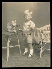 Little Boy Next to Toy Cat Soft Toy – 1920s – Photo 9x12cm