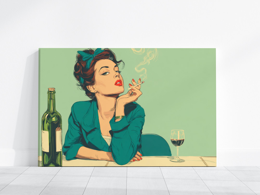 Retro Pop Art Woman Smoking Cigarette with Wine Bottle and Glass, Vintage Comic