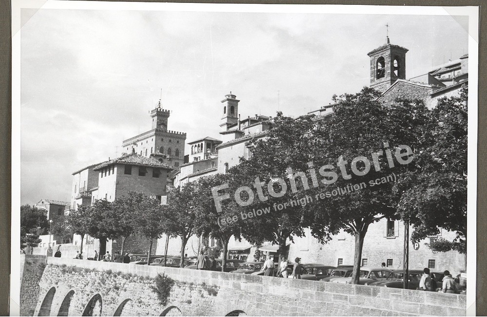 Photo San Marino Italy 1950s Old Town Towers City View Cars People Street