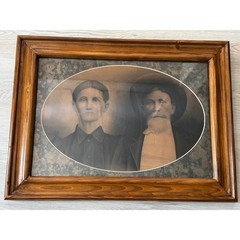 Large Pair of Antique Late 19th Century Wood Framed Family Portraits Wall Decor