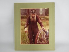 Matted Color Photograph Hillbilly Farmer Old Man With Wagon Wheel
