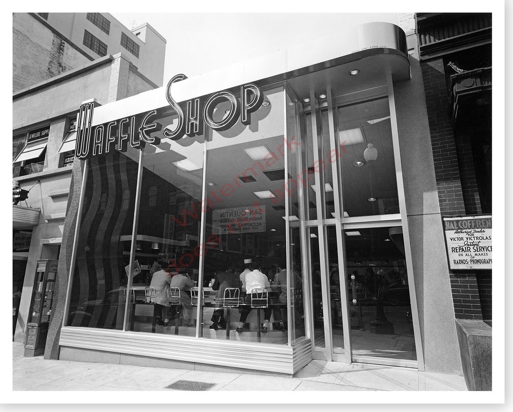 Art Deco Waffle Shop Day Time With Neon Sign Silver Halide Photograph