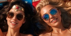 Sexy Wonder Woman and Supergirl in Bikinis Vixen Metal Sign Wall Art 14″ x 11″