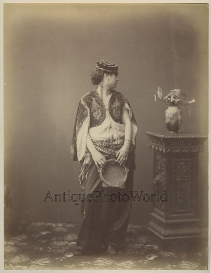 Beautiful woman belly dancer w tambourine antique Middle East albumen photo