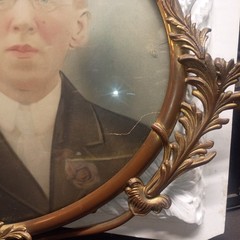 Antique Portrait Convex Bubble Glass Oval Frame Ornate Metal Early 1900s