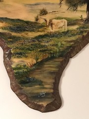 State Of texas Shaped Homestead And bluebonnets Painting On Wood / Signed