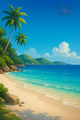 Digital Photo Art Wallpaper, Tropical Beach Scene with Palm Trees and Clear Blue