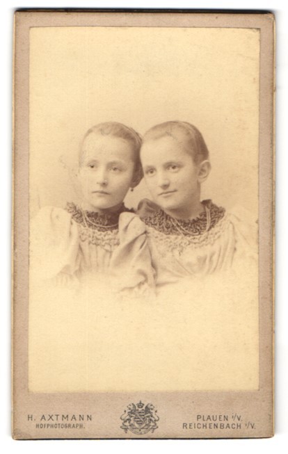Photograph H. Axtmann, Plauen, Bahnhofstr. 27, Two cute young sisters in he