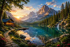 Mountain Lake Cabin Sunset Digital Download