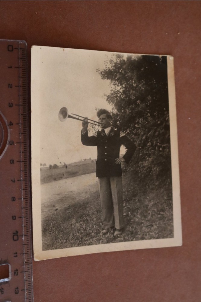 Great old photo man from the music corps with long trumpet? 1930s-40s