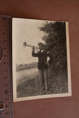 Great old photo man from the music corps with long trumpet? 1930s-40s