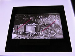 mining feeder with horses antique hist. large glass picture