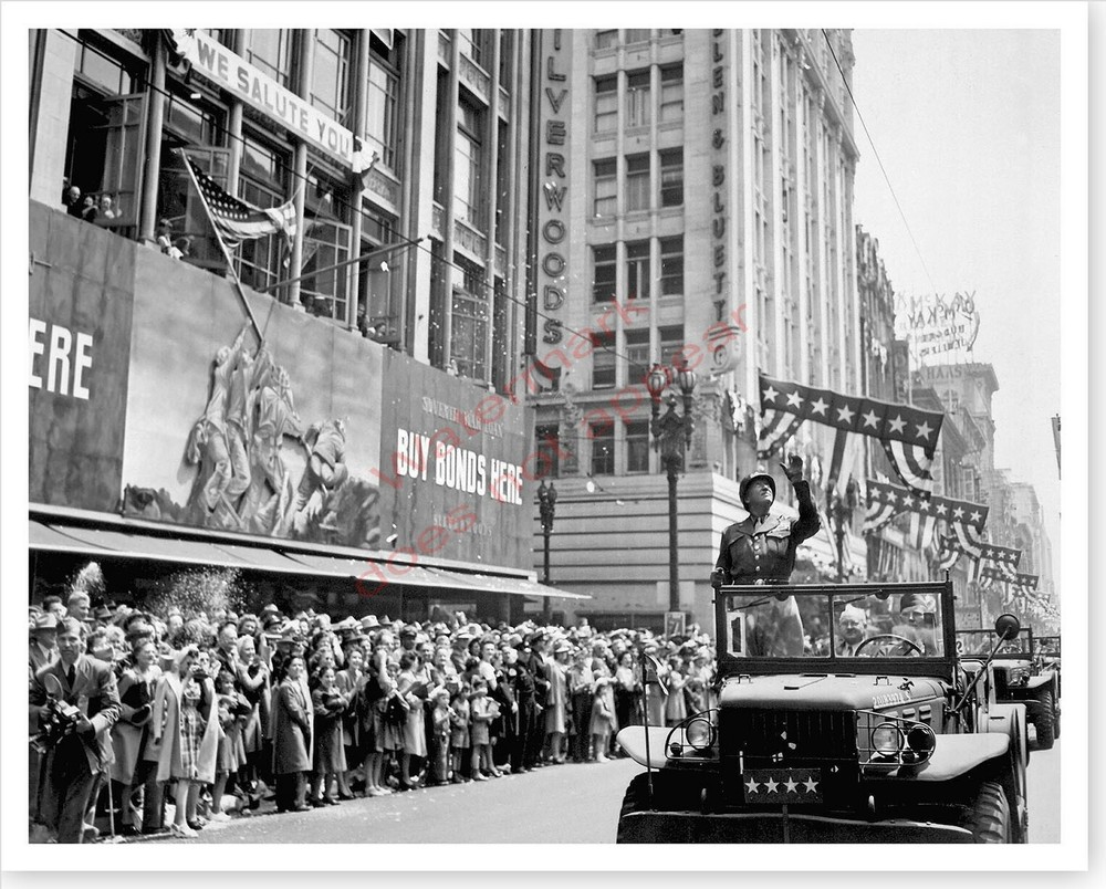 General George S. Patton Waving To Crowd In Los Angeles WWII Silver Halide Photo