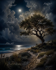 Digital Art Landscape SandyBeach Sea Tree Night Moon Surf Background Wallpaper