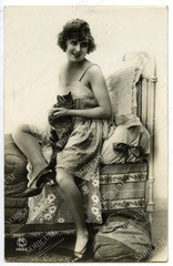 RPPC beautiful near nude woman w cat risque antique France 1920s original #48
