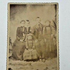 Antique Cabinet Card Photograph- Family of five nicely dressed 2 girls one boy