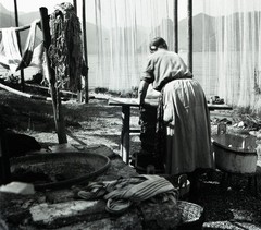 Salzkammergut , Austria, village, woman w traditional fishing net, by Eduard PEZ