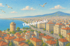 Thessaloniki on a Sunny Day, Coloured Pencil Art Panorama (AI GENERATED IMAGE)