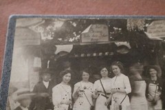 Great old photo on cardboard – party, vineyard?? Austria? soldiers