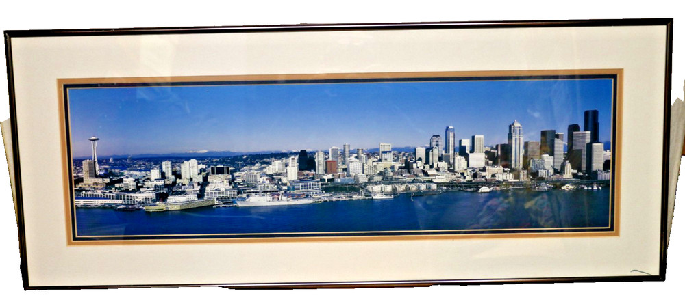Panoramic Seattle Skyline Color Photo Matted and Framed 35″ x 14″