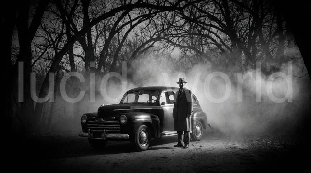 Vintage Car Foggy Forest Noir Mystery Man B&W Digital Download Photo Printable
