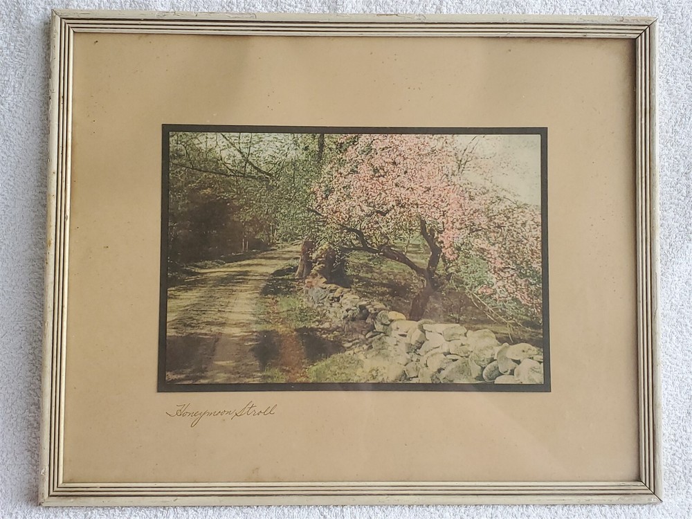VINTAGE Wallace Nutting Colorized Photo HONEYMOON STROLL Nature Road 14 3/4″x12″