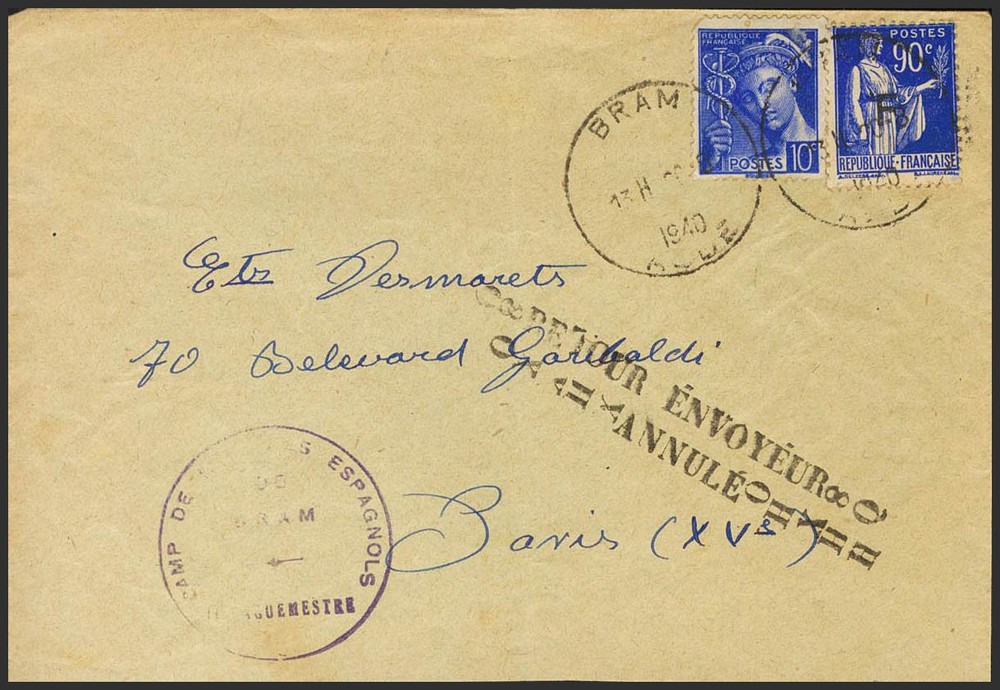 Republican Zone. Refugee Camp. Cover (Circa 1939). 90 Cts Blue From France C