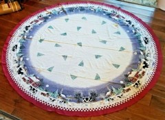 Checkered Winter Scene Church Home Cows White and Red Tree Skirt Large 69.5″