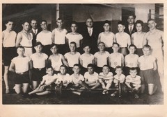 Photo postcard pretty boys in sports dress strength training athlete 1930s
